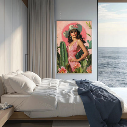 Latina Cowgirl canvas wall art shown in a bedroom