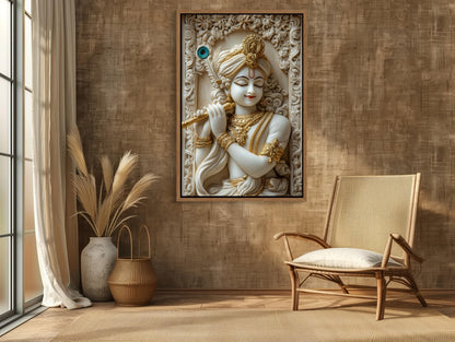 Krishna 3D Illusion canvas wall art shown in a styled interior