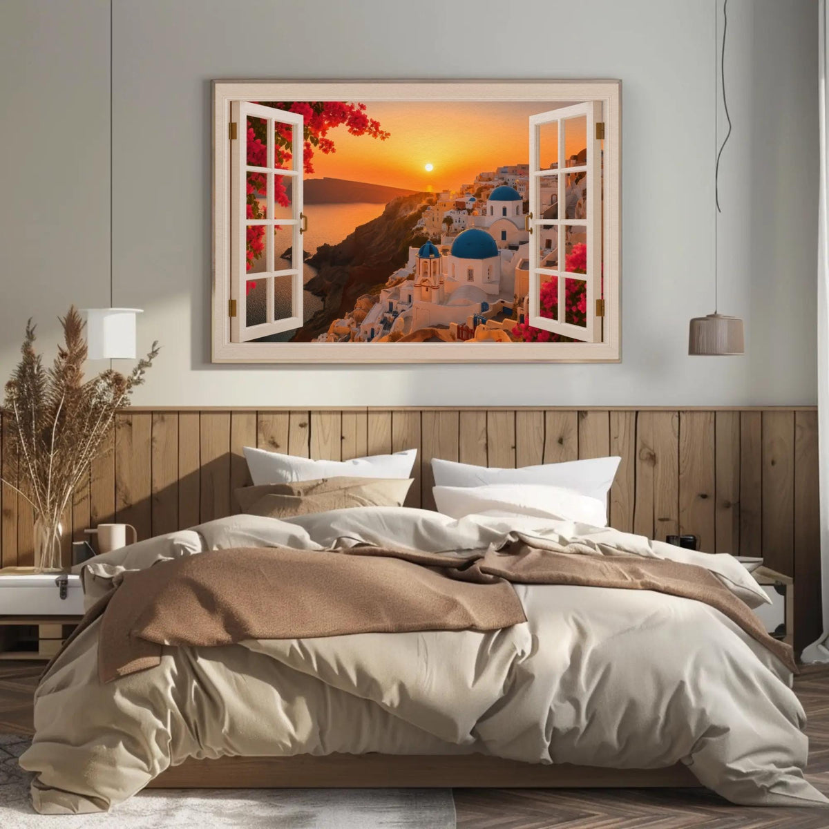 Santorini window sunset canvas wall art in a room setting