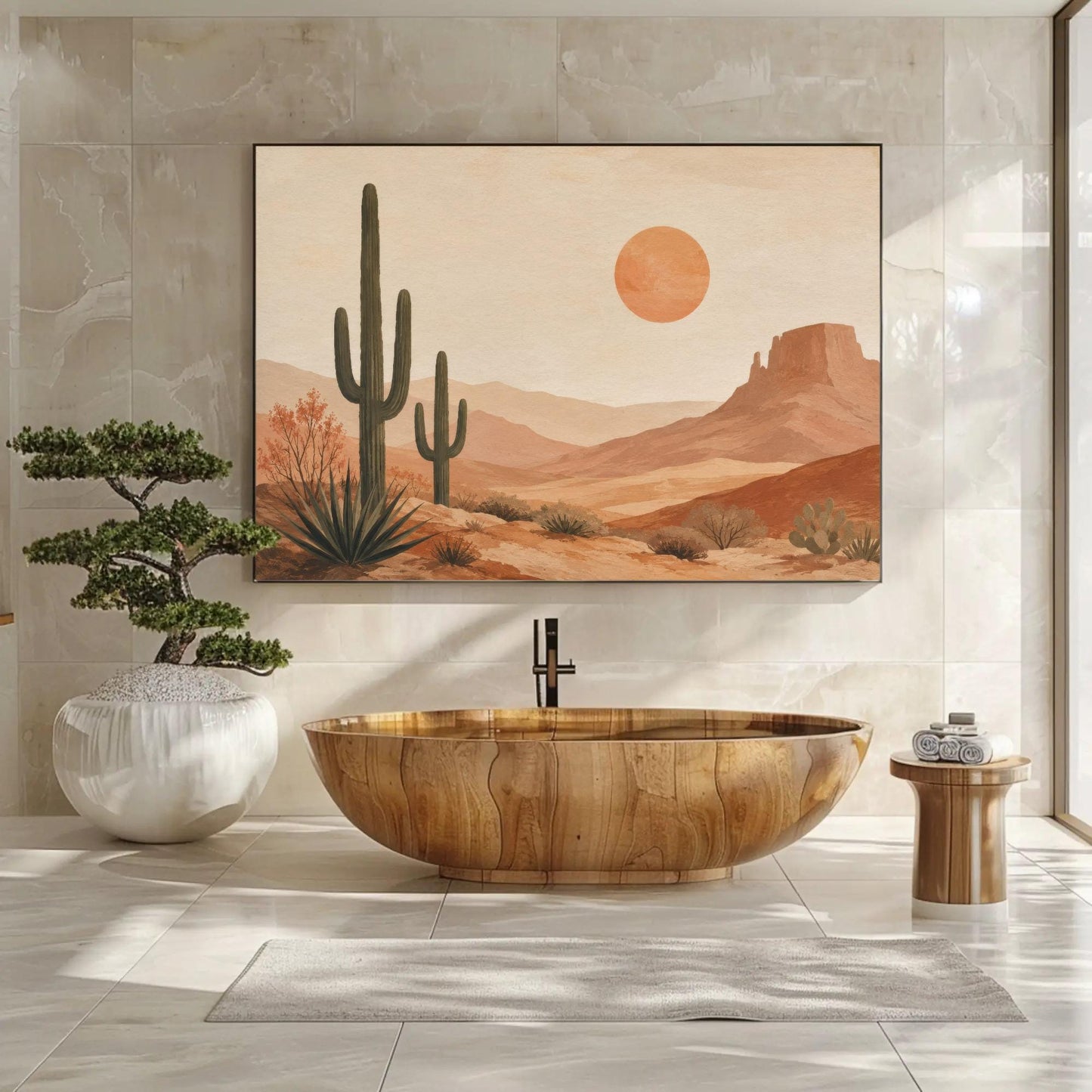 a modern bathroom with a large wooden bathtub, a potted plant, and a framed painting of a desert landscape with a cactus and a sun in the background.