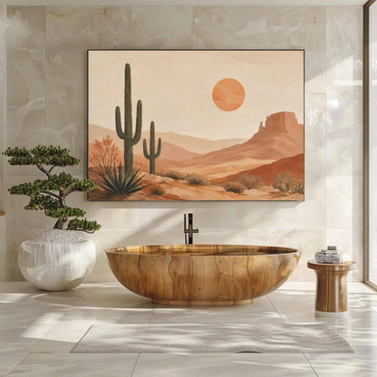 a modern bathroom with a large wooden bathtub, a potted plant, and a framed painting of a desert landscape with a cactus and a sun in the background.