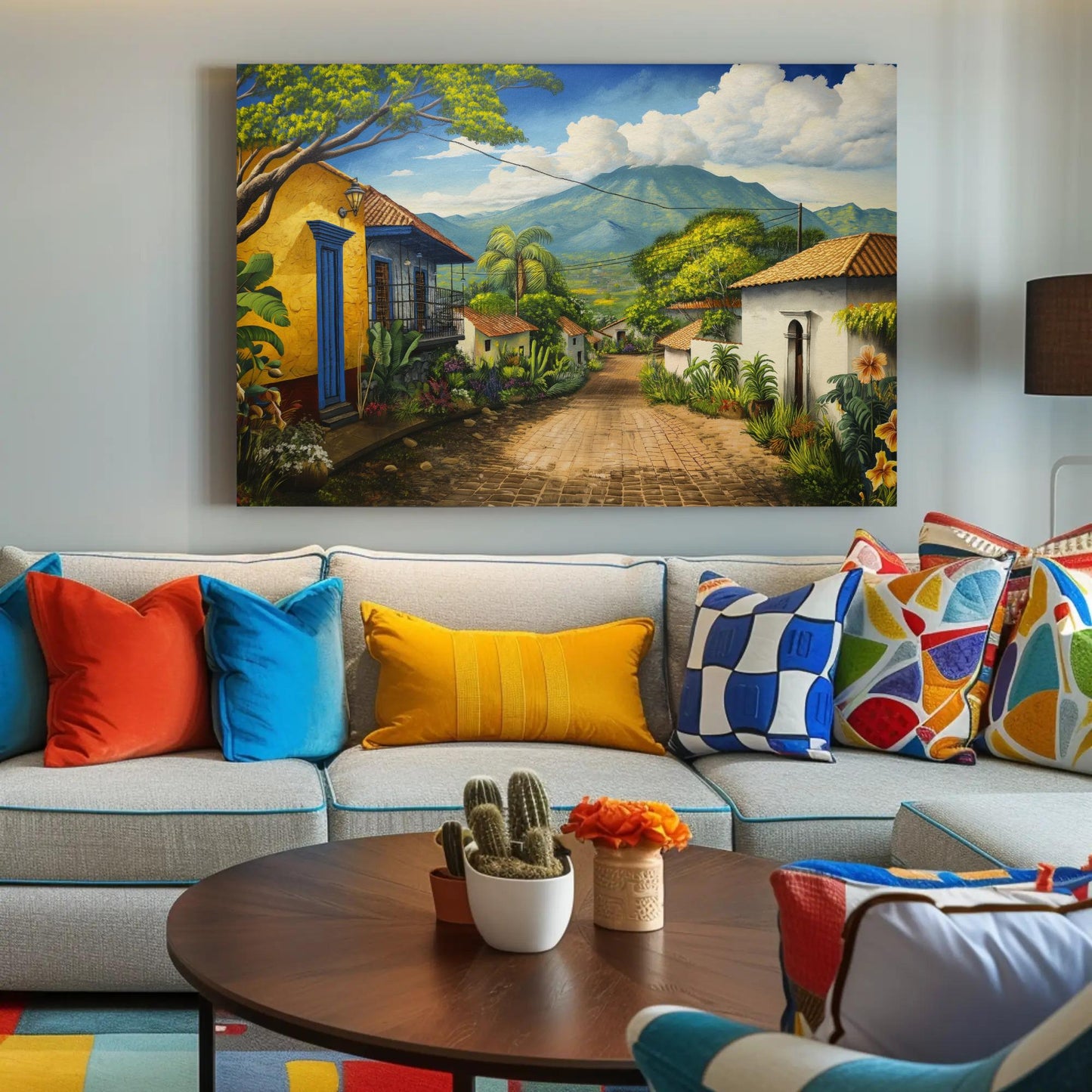 El Salvador , Salvadorian Town canvas wall art shown in a styled room