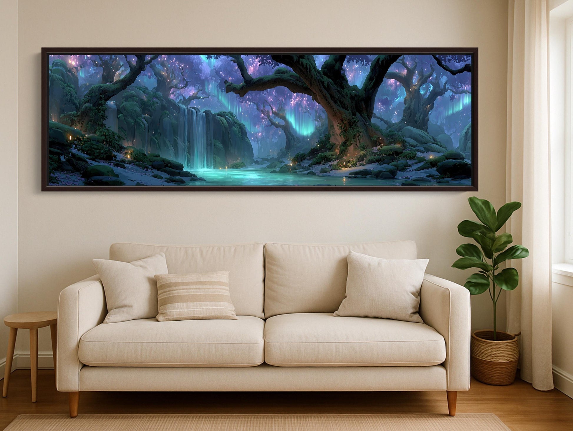 Enchanted Forest , Aurora Borealis Waterfall canvas wall art shown in a styled room (view 2)