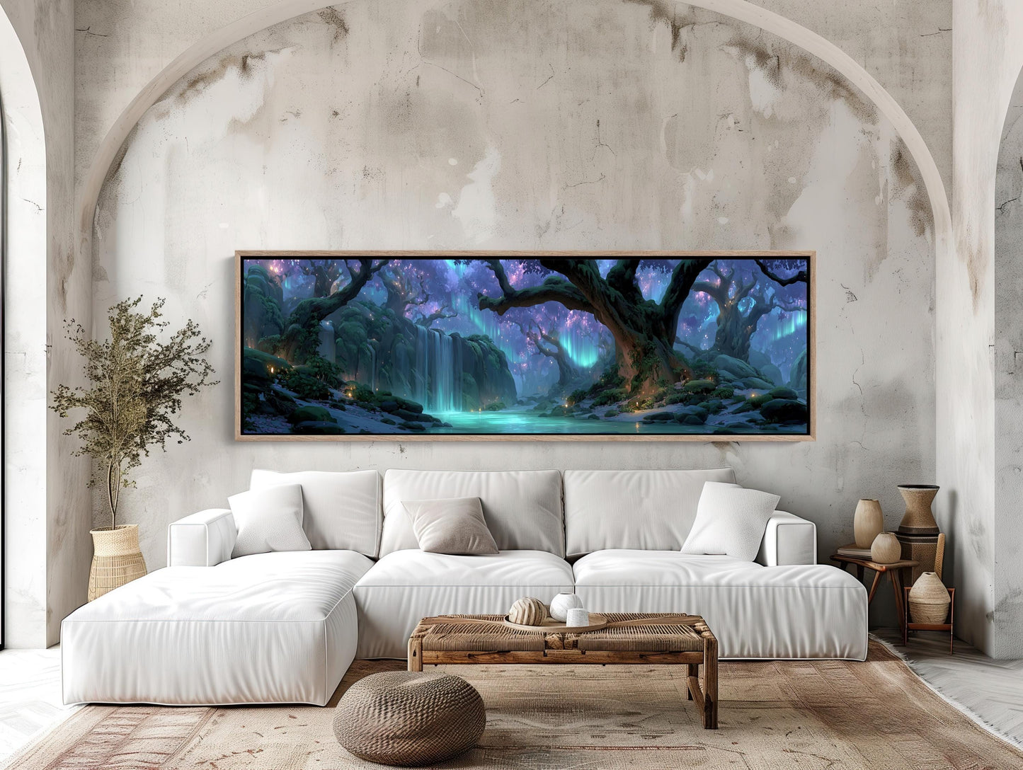 Enchanted Forest , Aurora Borealis Waterfall canvas wall art shown in a styled room (view 5)