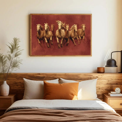 7 Gold Horses Vastu Canvas Art - Mocha Sunrise, Luxury Indian Decor for Success & Prosperity, Contemporary Equine Painting Wall Art – Canvas Print