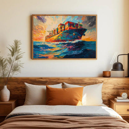 Container Ship canvas wall art shown above a bed