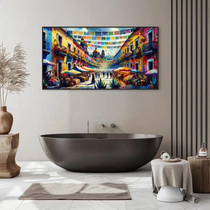 Mexican Street Scene , Traditional Pueblo canvas wall art shown in a bathroom