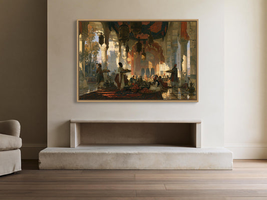 Mughal feast canvas wall art, servers and guests at a banquet in a lantern-lit marble pavilion