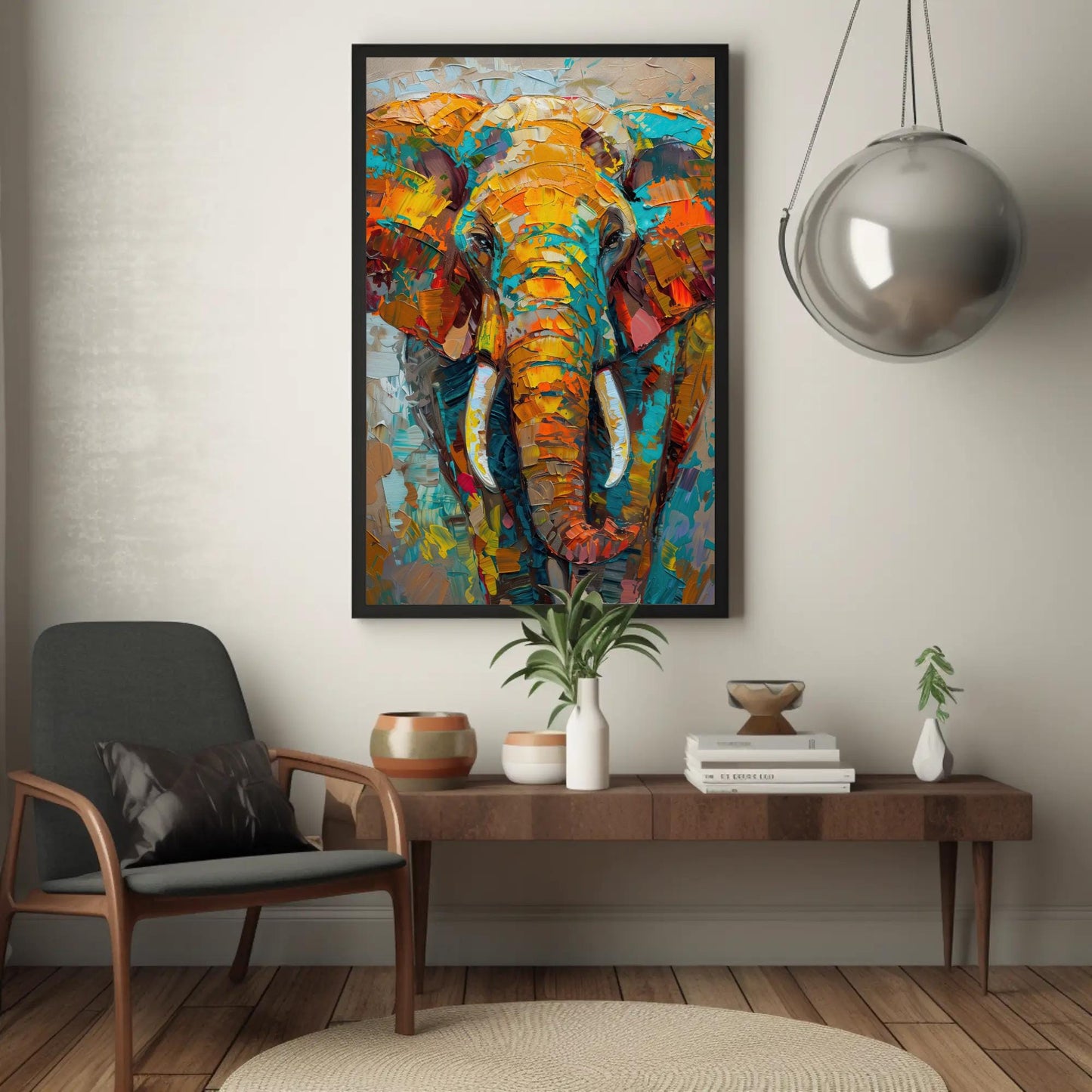 Vivid Elephant canvas wall art shown in a styled interior