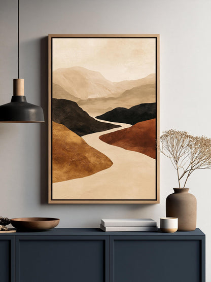 Abstract Mountain Wall Art, Winding River Canvas, Terracotta Ochre