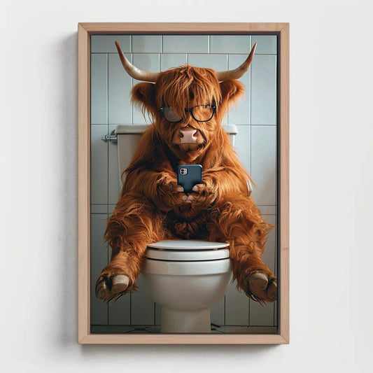 Highland Cow Bathroom Canvas Print, Funny Toilet Humor Wall Art