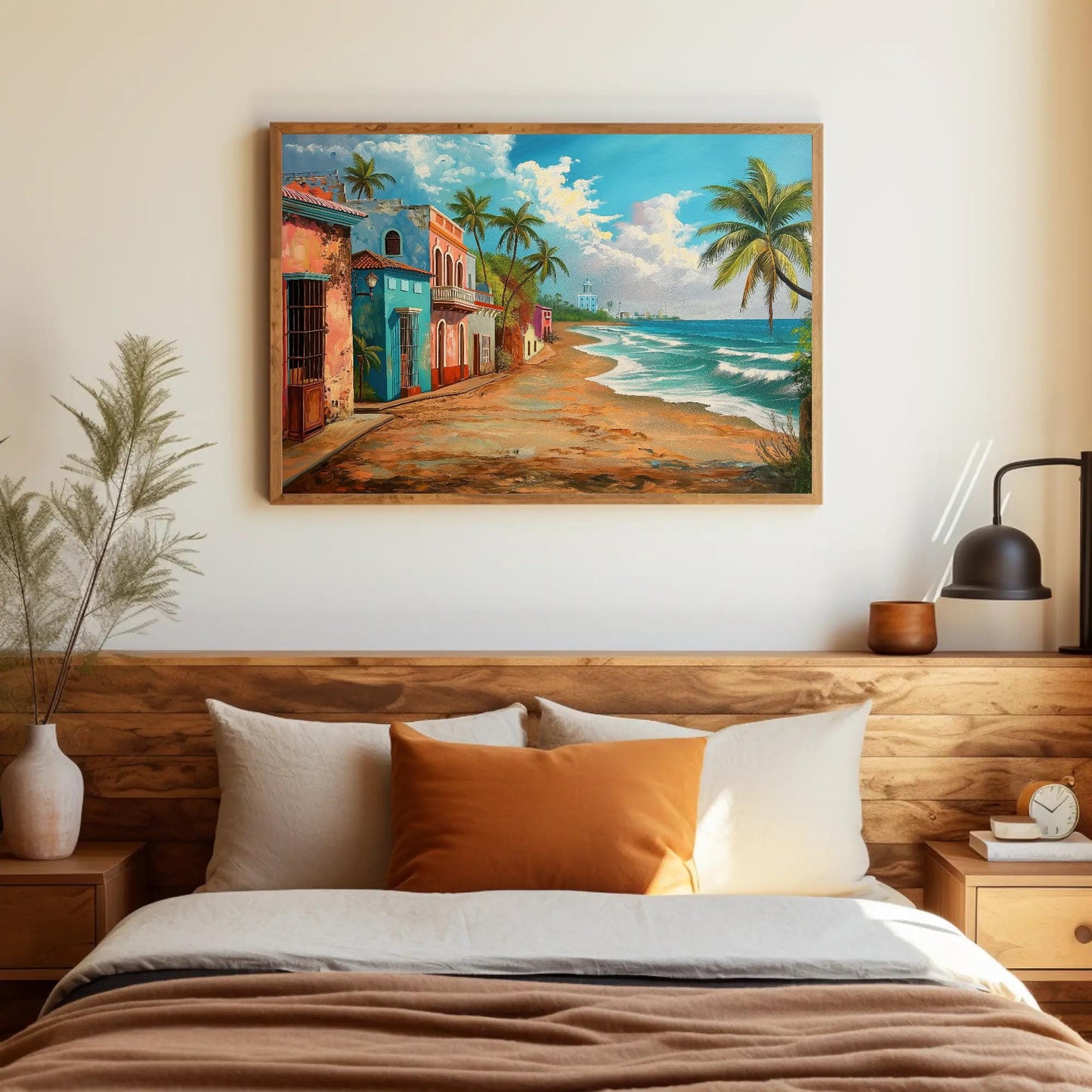 Puerto Rico Beach , Caribbean Tropical canvas wall art shown in a bedroom