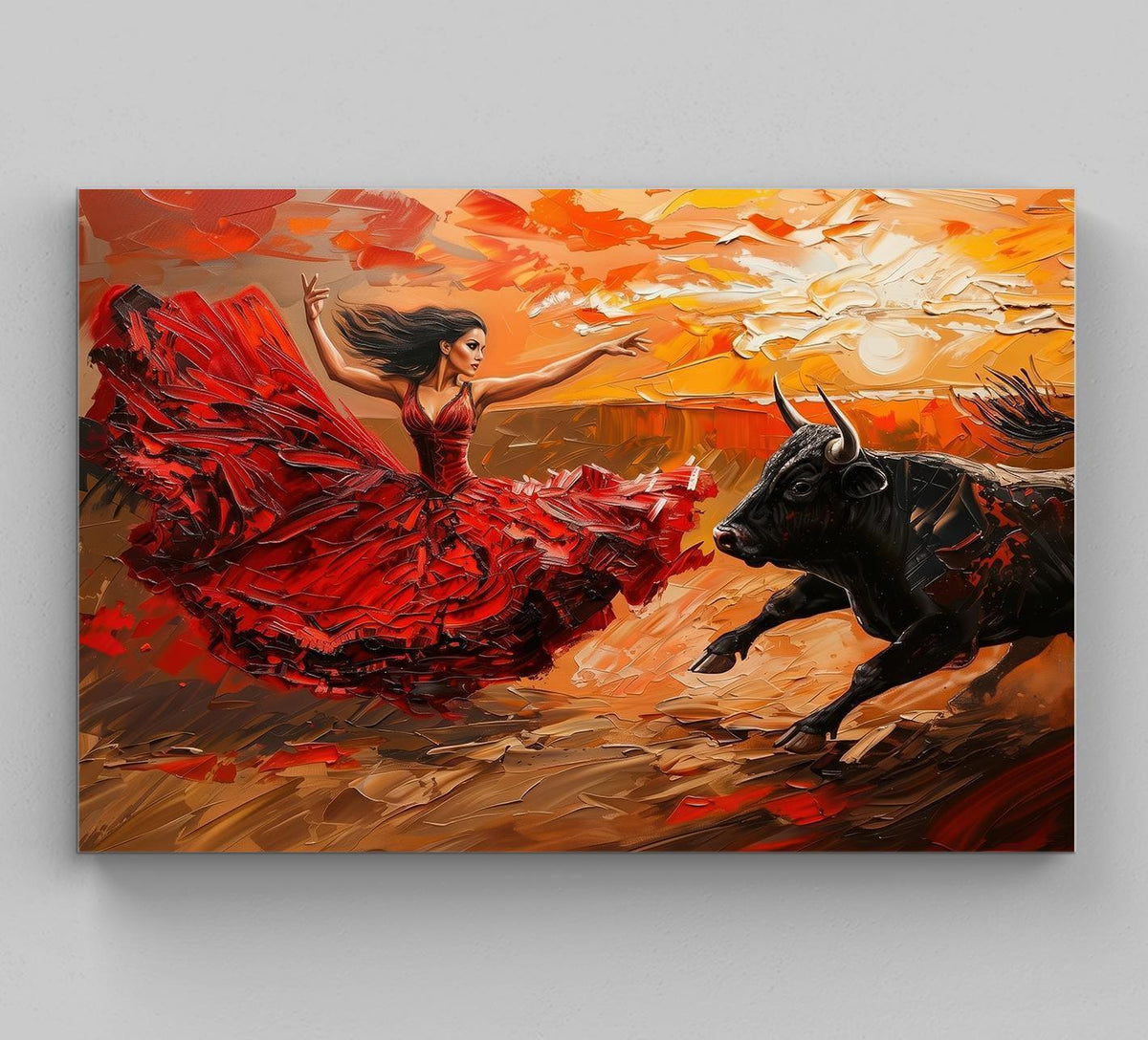 Flamenco dancer and bull canvas wall art, dancer in red dress and charging black bull