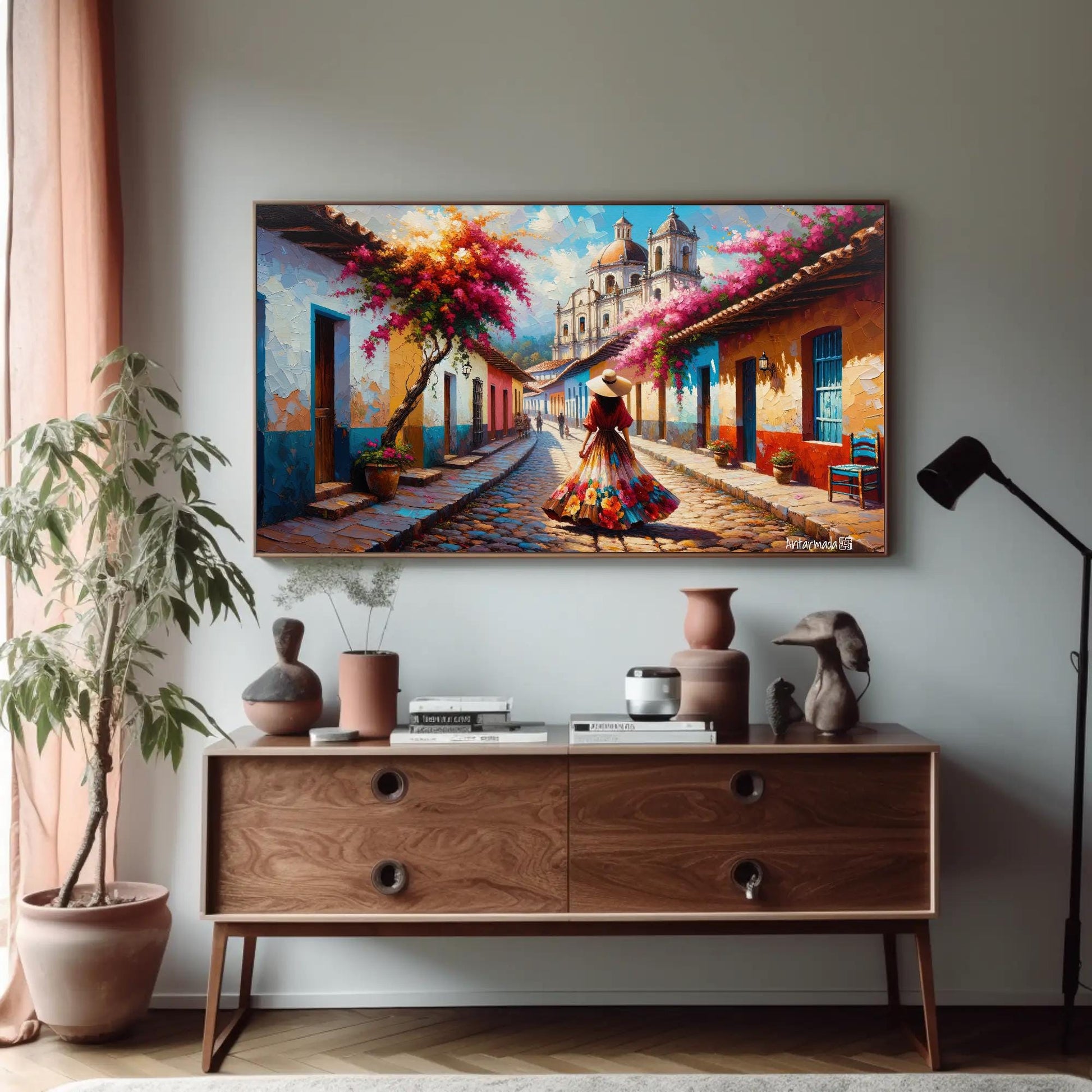 Mexican Town canvas wall art shown in a styled room