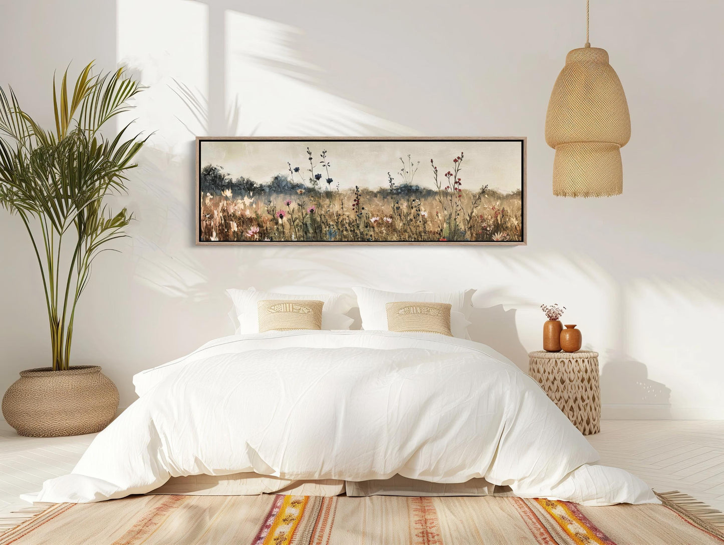 Vintage Wildflower Oilfield , Panoramic Rustic canvas wall art shown in a bedroom (view 2)