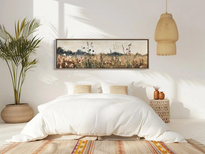 Vintage Wildflower Oilfield , Panoramic Rustic canvas wall art shown in a bedroom (view 2)
