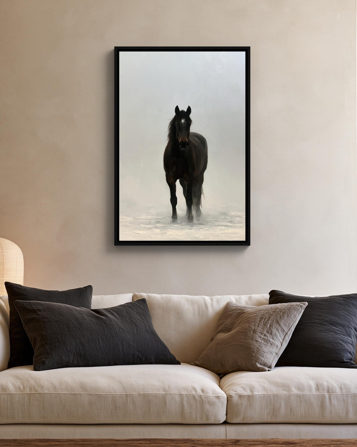 Black horse in mist canvas wall art, black horse standing in the snow, with a white couch and a lamp in the background