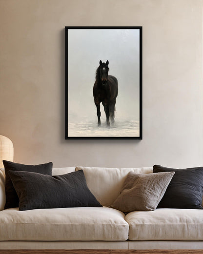 Black horse in mist canvas wall art, black horse standing in the snow, with a white couch and a lamp in the background