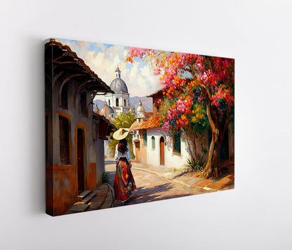 Mexican Village Street , Colorful Pueblo folk art canvas wall art, ready to hang