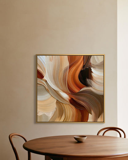 Abstract flowing hair canvas wall art, large abstract painting hanging on a beige wall above a wooden dining table with