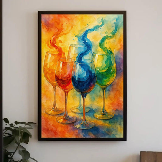 a painting of three wine glasses on a wall