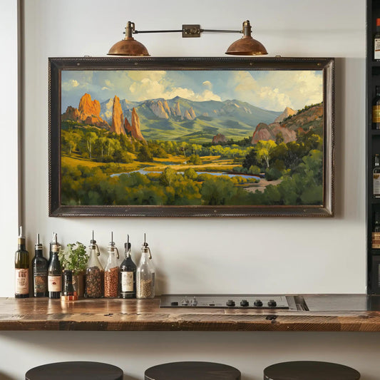 a painting hanging on a wall above a bar