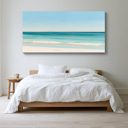 Turquoise ocean beach canvas wall art, serene bedroom scene with a large bed, a nightstand, and a painting of a beach on the