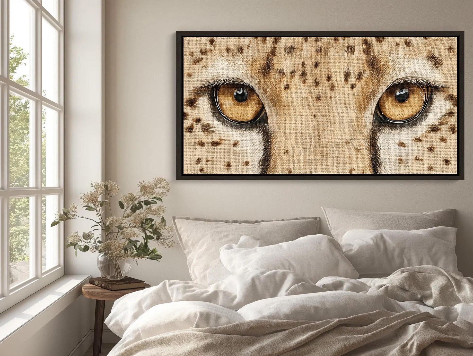 Cheetah Eyes canvas wall art shown above a bed