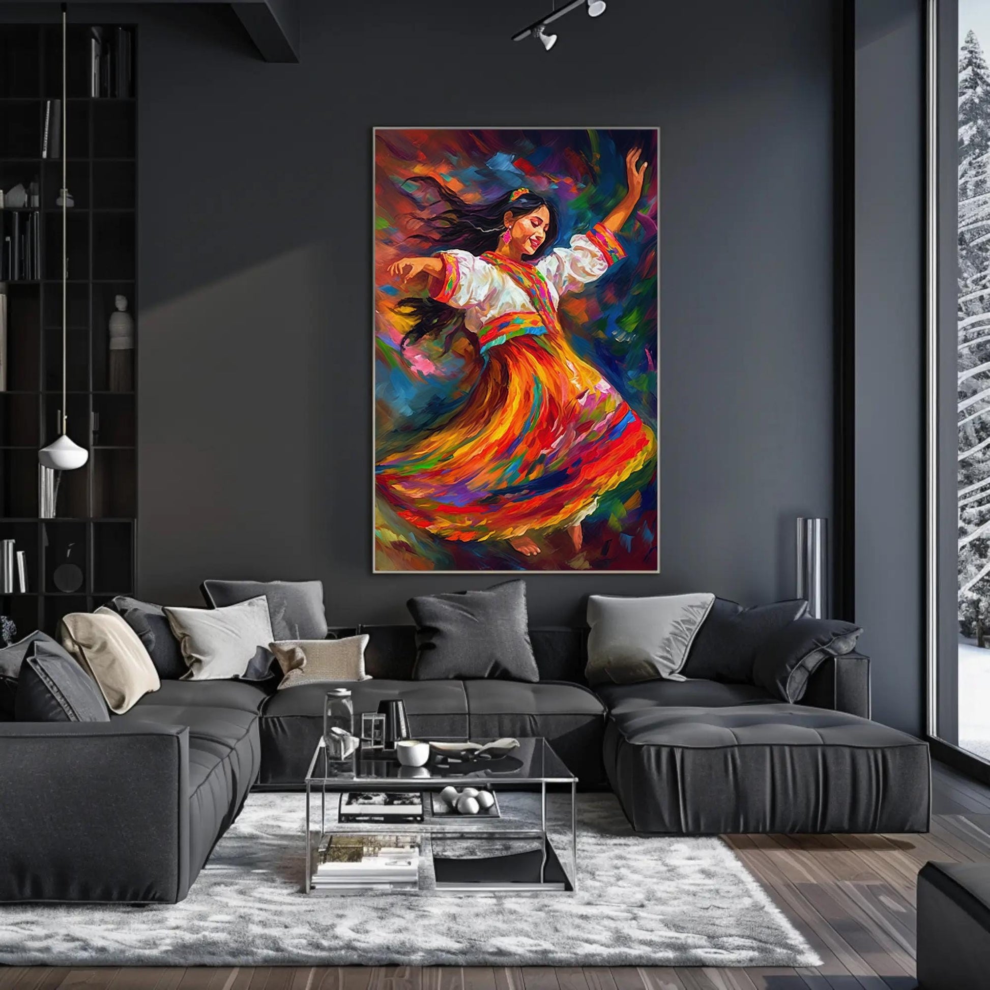 Peruvian Dancer , Andean Folk Art Wall canvas wall art shown in a living room