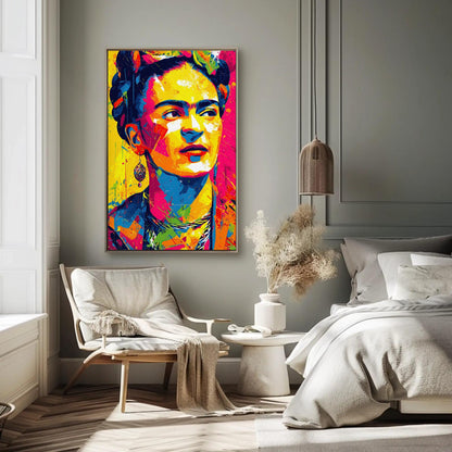 Frida Kahlo canvas wall art shown in a bedroom