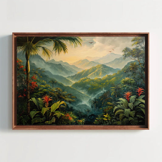 a painting hanging on a wall above a wooden frame