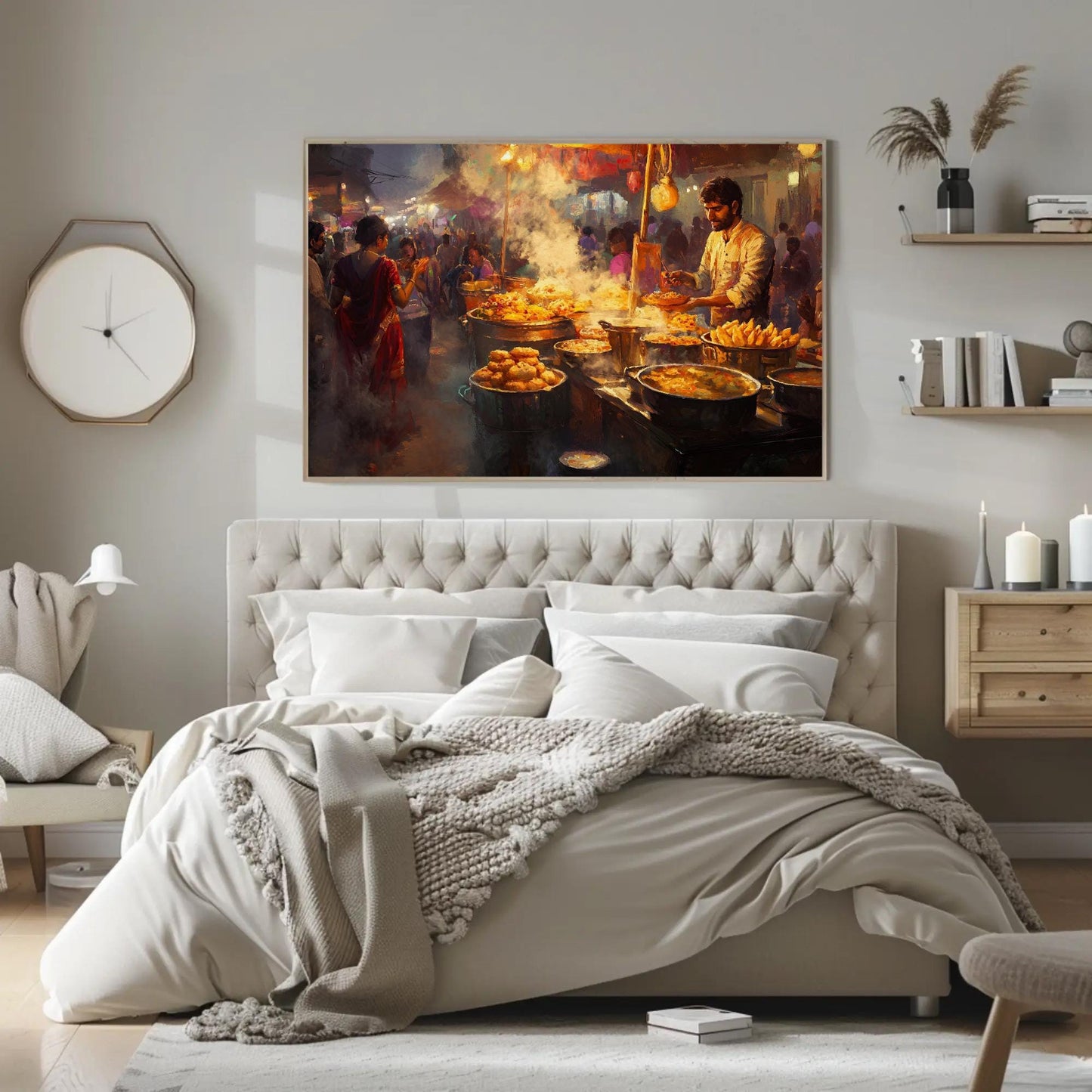 Indian Street Food , Vibrant Desi Culinary canvas wall art shown in a bedroom