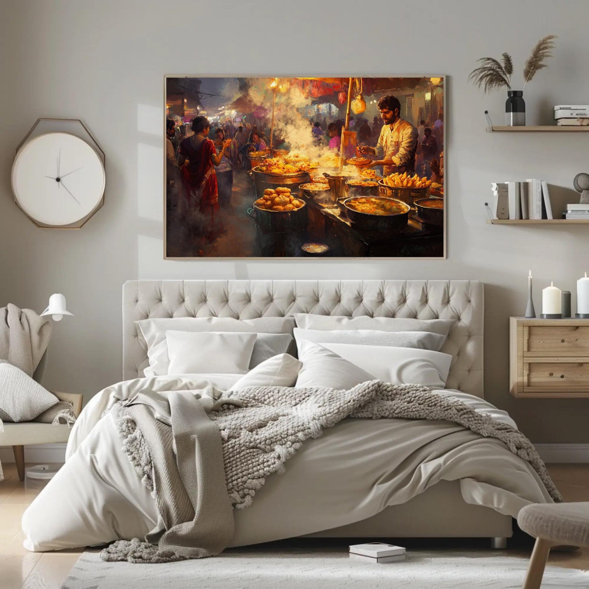 Indian Street Food , Vibrant Desi Culinary canvas wall art shown in a bedroom