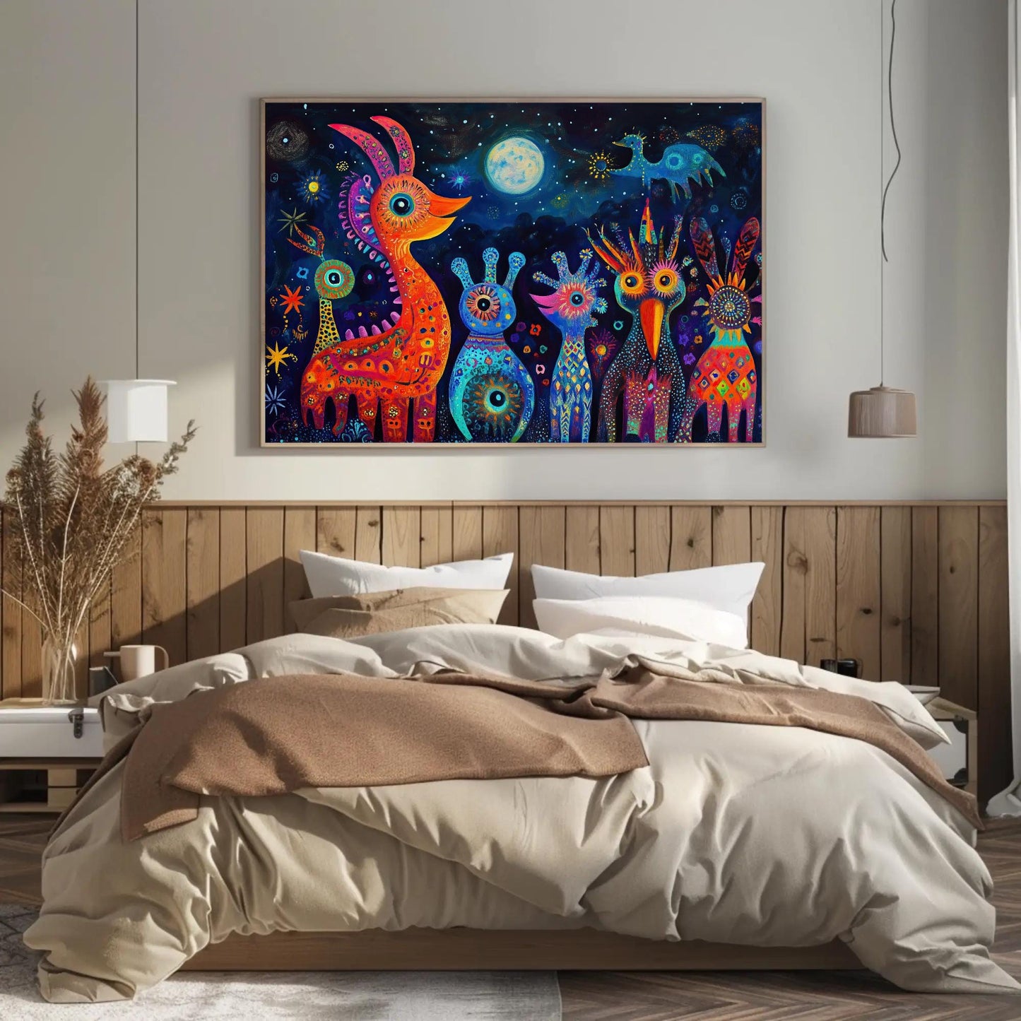 Oaxacan Alebrijes , Mexican Folk Art canvas wall art shown above a bed