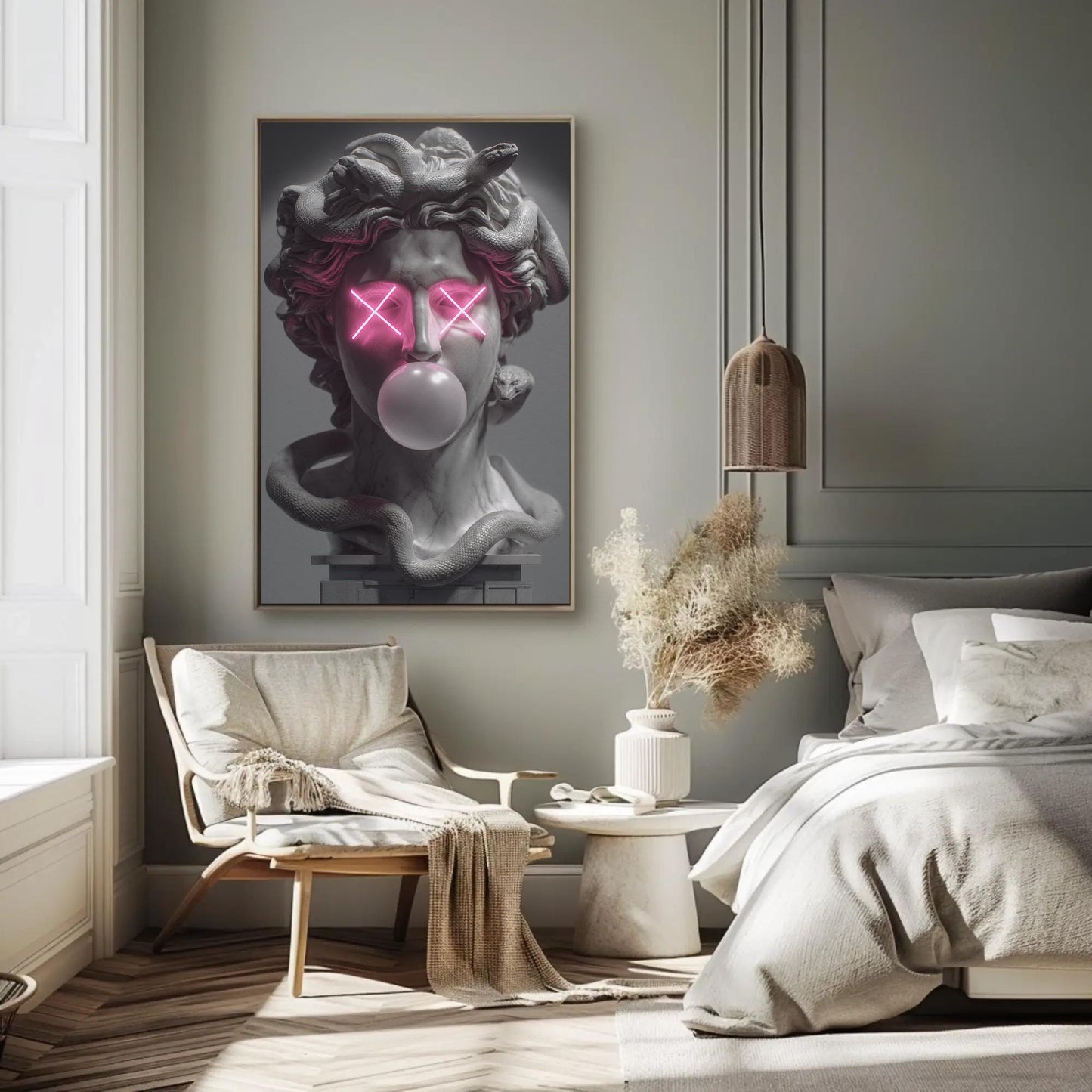 Medusa canvas wall art shown in a bedroom