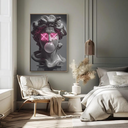 Medusa canvas wall art shown in a bedroom