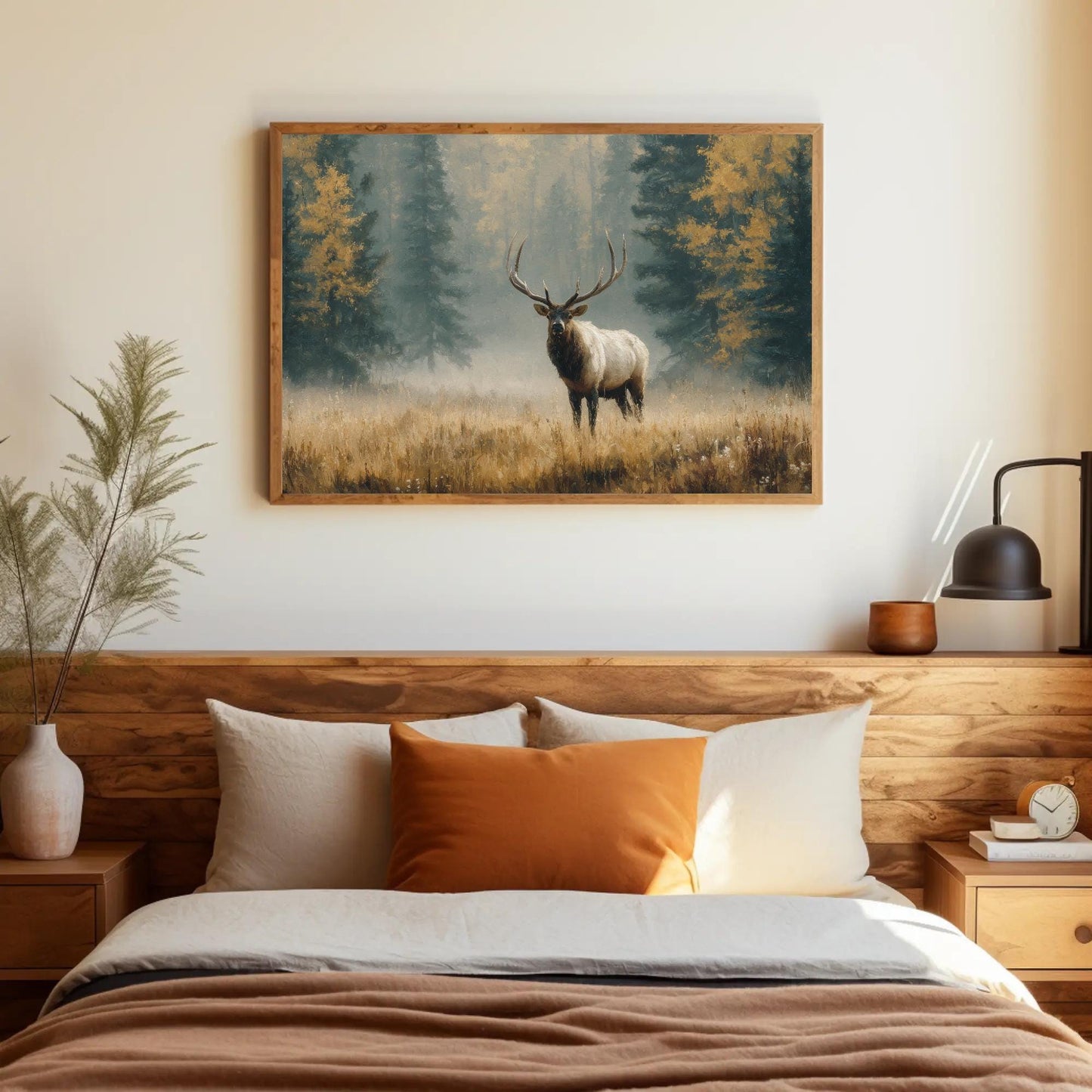 Majestic Elk canvas wall art shown above a bed