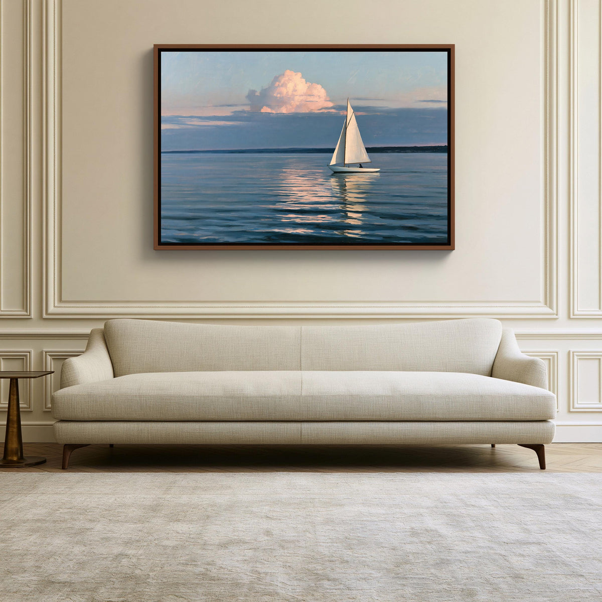 Sailboat at dusk canvas wall art, white sailboat on a calm blue sea under a pink cloud