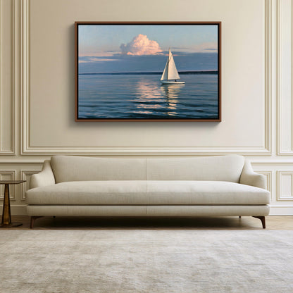 Sailboat at dusk canvas wall art, white sailboat on a calm blue sea under a pink cloud