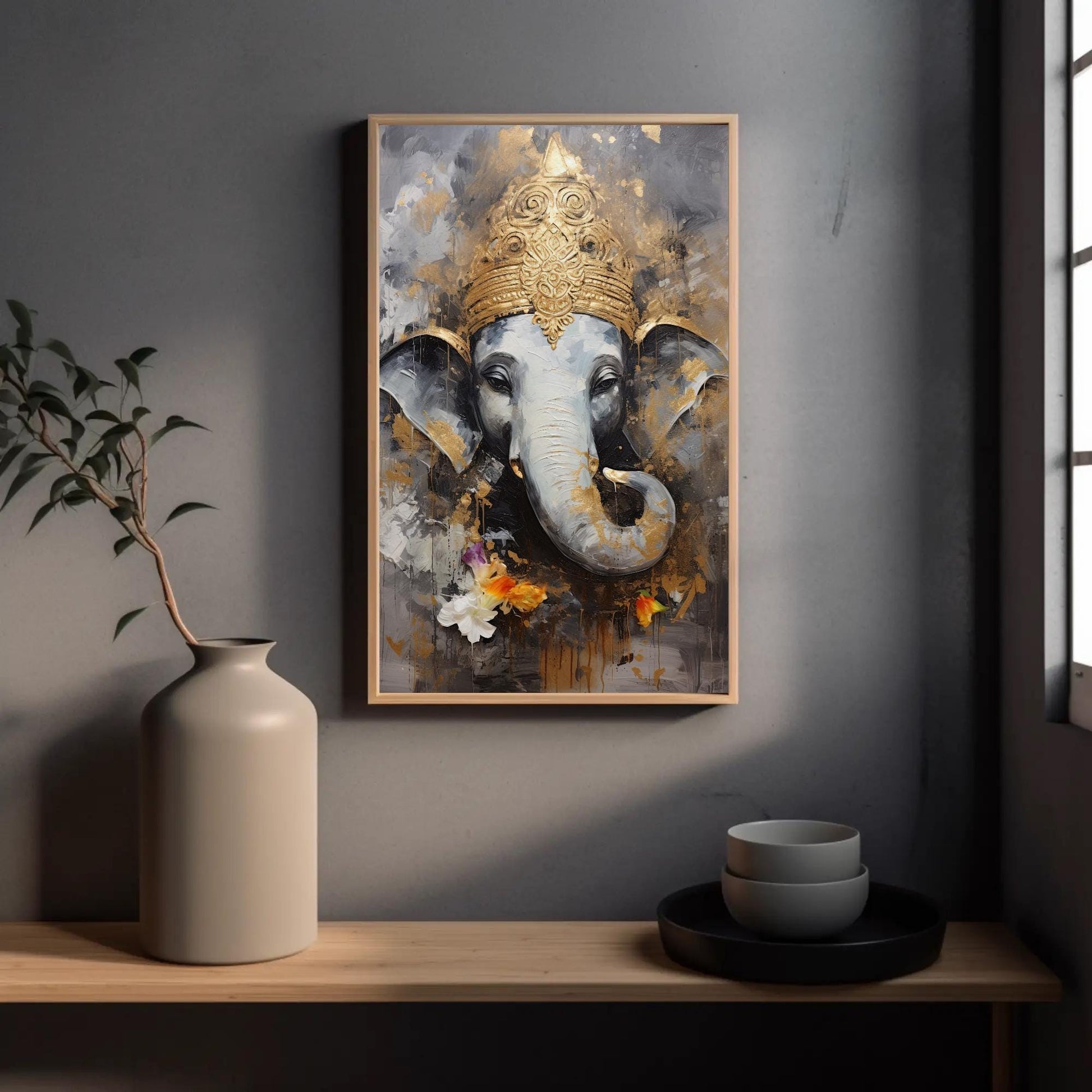 Ganesha Gold , Hindu God Pooja Room canvas wall art for the home