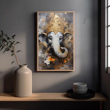 Ganesha Gold , Hindu God Pooja Room canvas wall art for the home