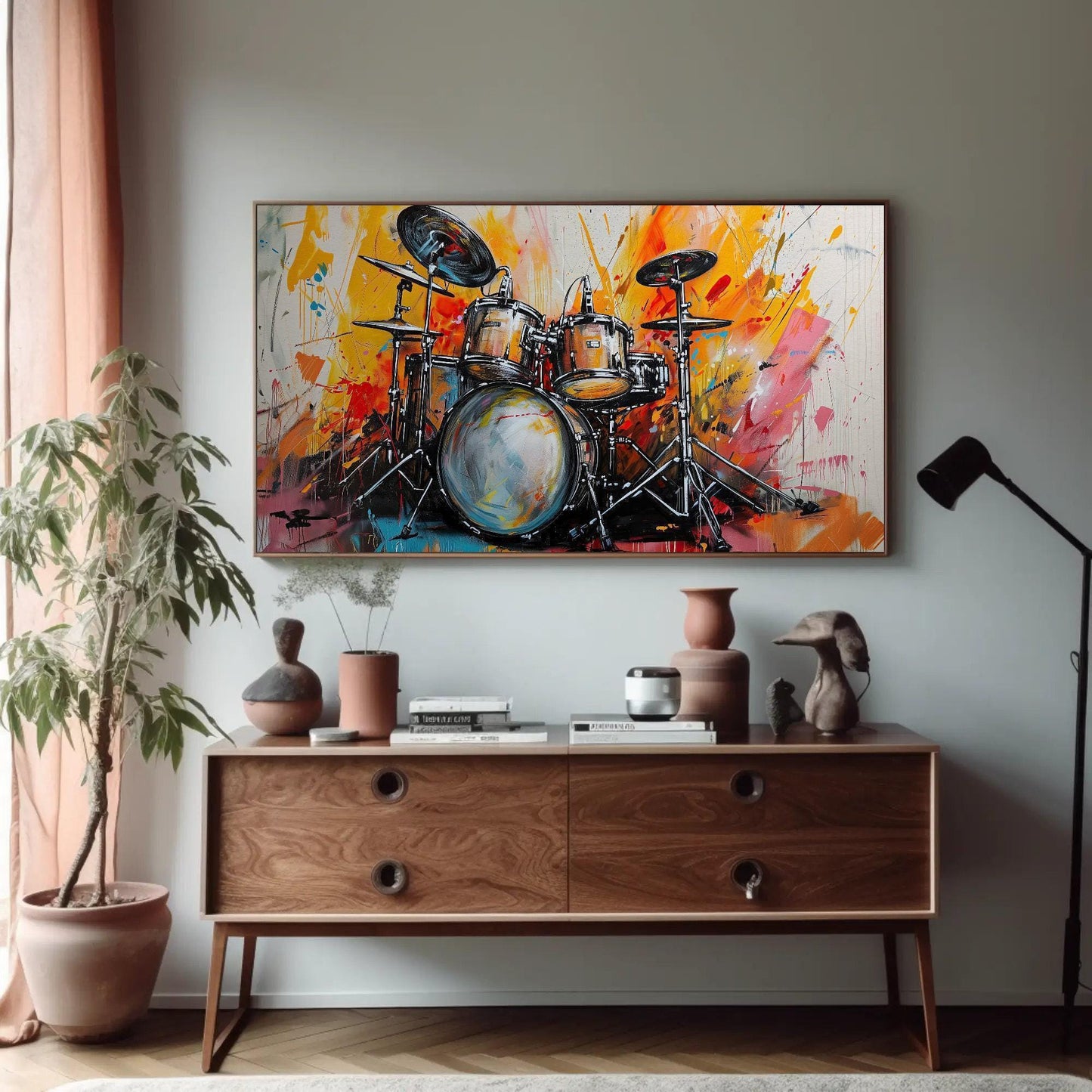 Drum Kit canvas wall art shown in a styled room