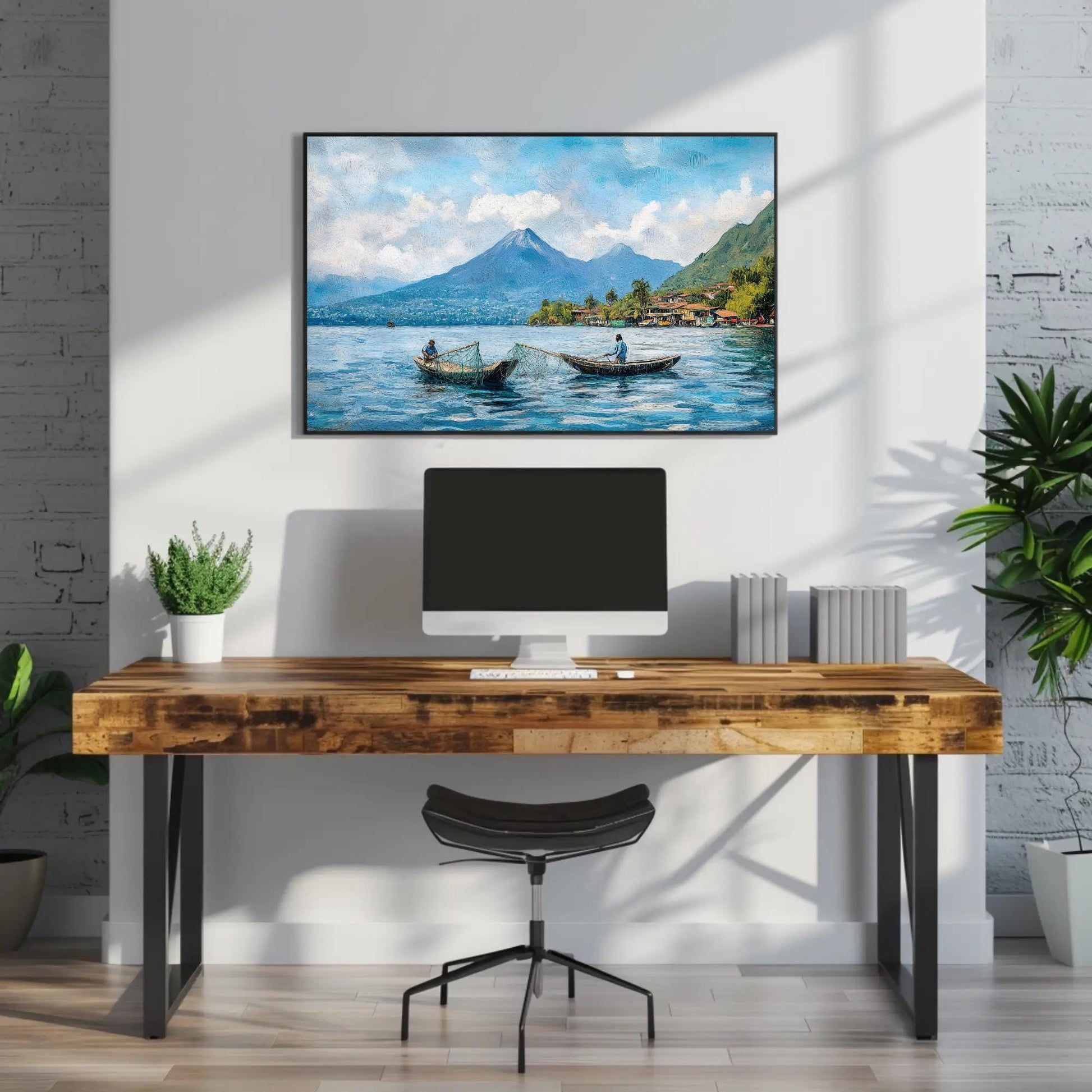 Lake Atitlán , Guatemala Mayan Landscape canvas wall art shown above a desk