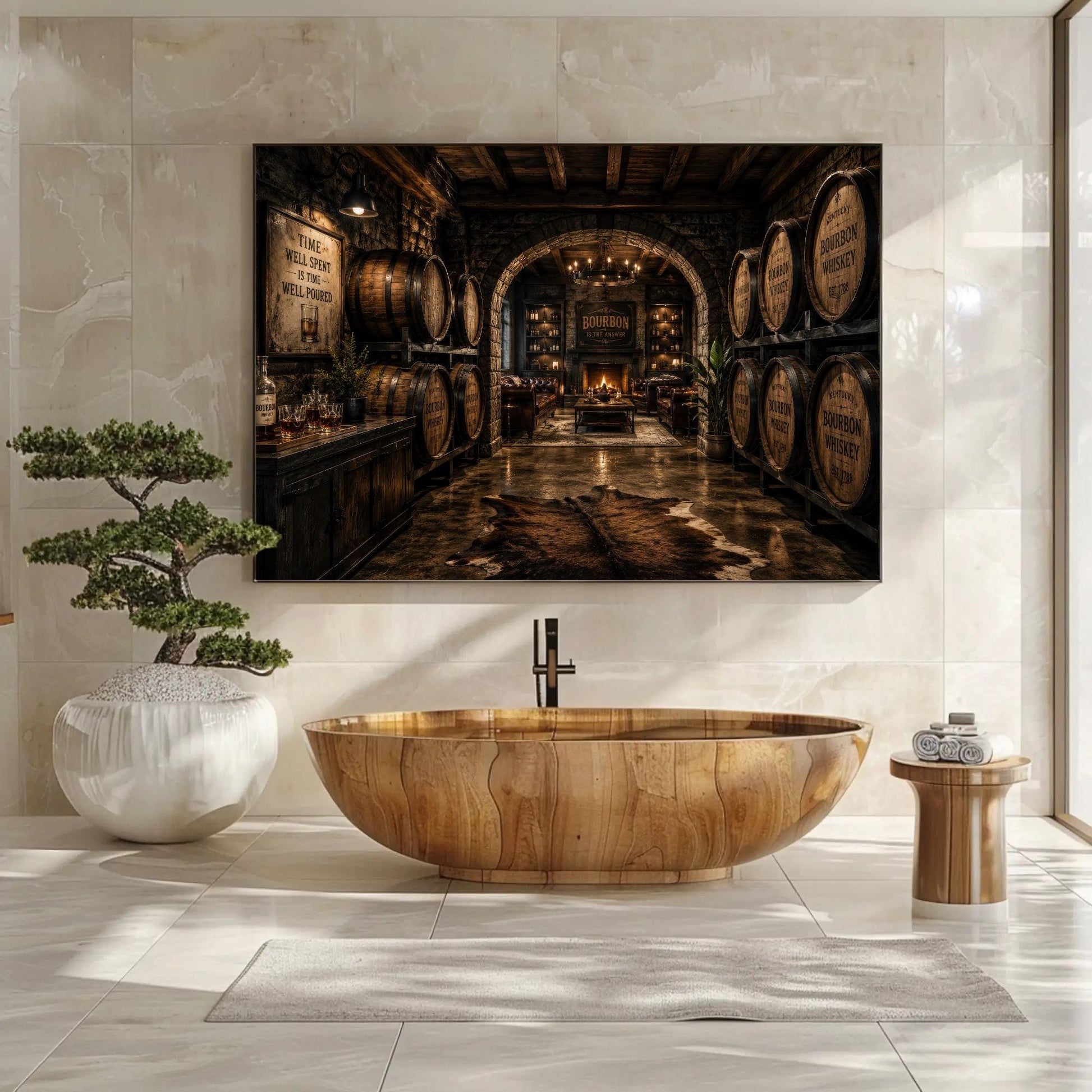 a luxurious bathroom with a large wooden bathtub, a potted plant, and a painting of a wine cellar above the bathtub.