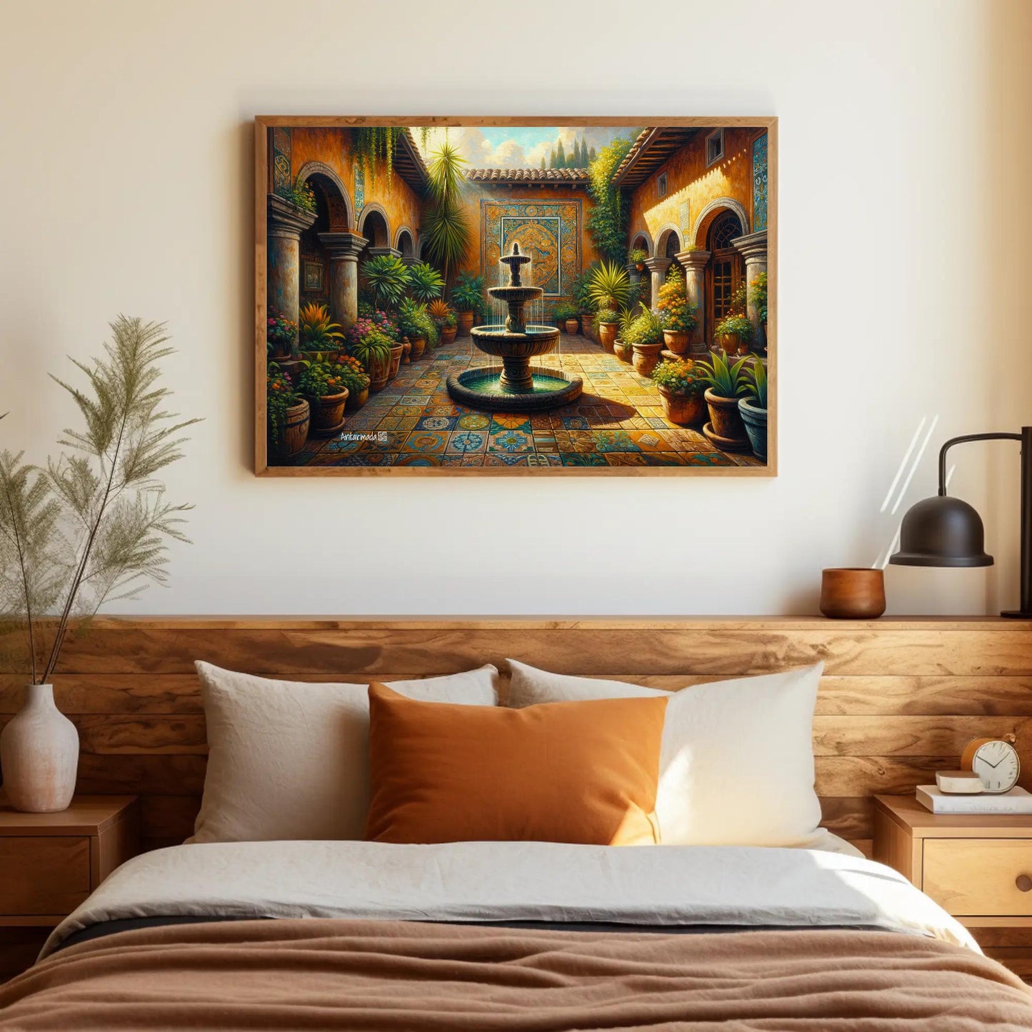 Mexican Courtyard canvas wall art shown above a bed