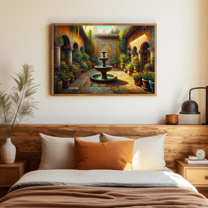 Mexican Courtyard canvas wall art shown above a bed