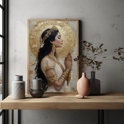 Gold Lakshmi canvas wall art shown in a styled room