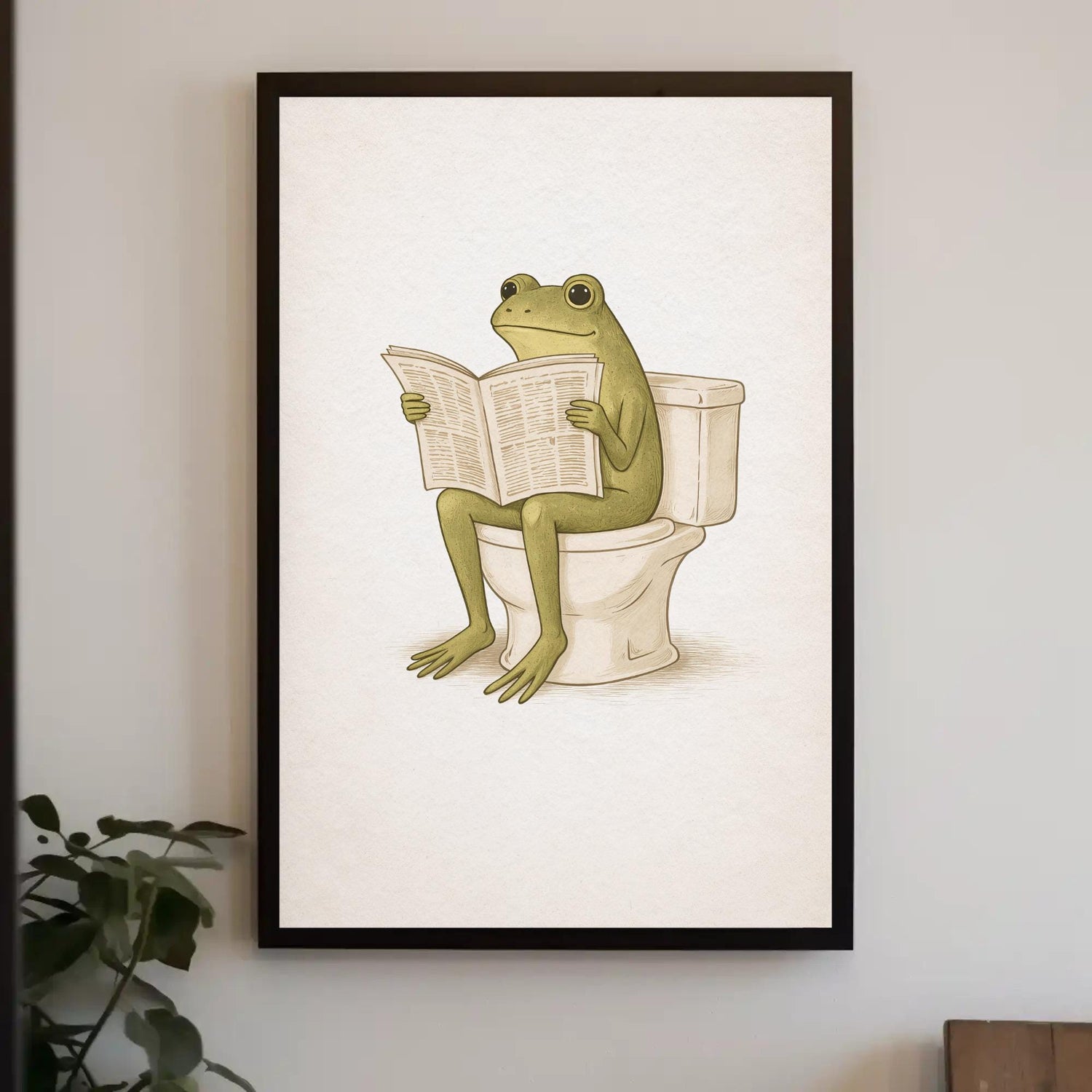 Frog Bathroom Wall Art, Funny Toilet Humor Canvas Print With Vintage Frog Illustration