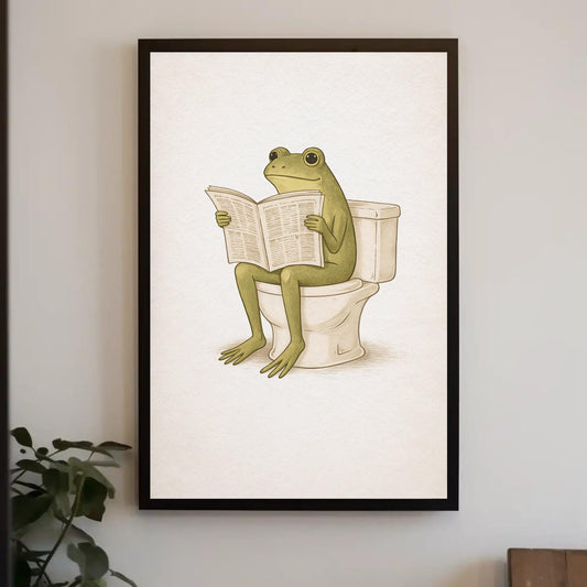 a frog sitting on a toilet and reading a newspaper.