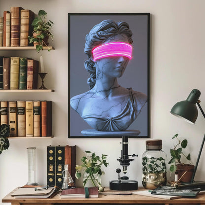 Neon blindfold Lady Justice canvas wall art, desk with various items on it, including a lamp, a plant, a vase, and a framed